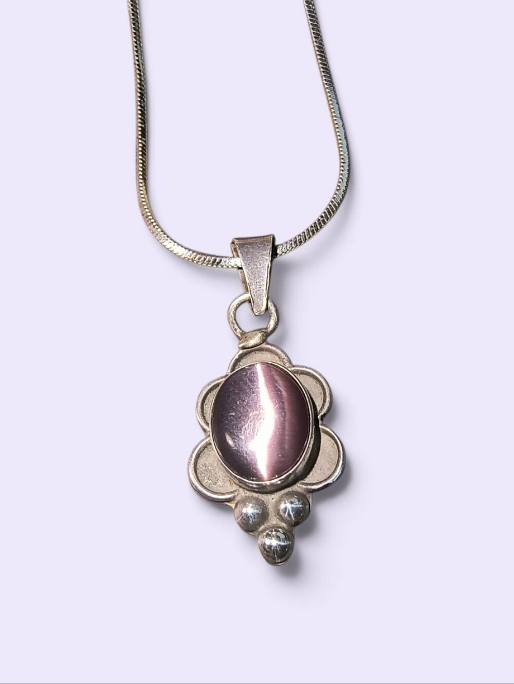 Mexico Sterling Silver Pendant Necklace with Purple Cat's Eye Glass